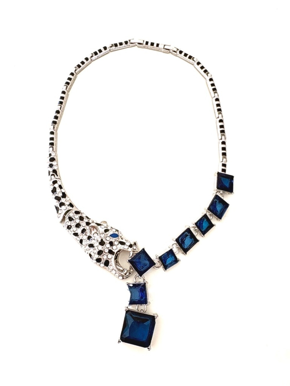 Silver-Tone Leopard Necklace with Deep Blue Stones Accent